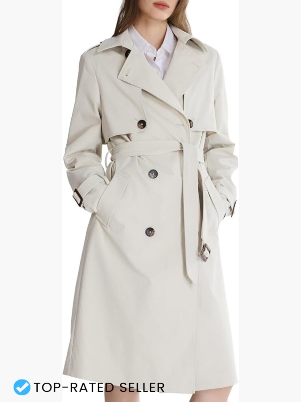 Double Breasted Trench Coat Belted Lapel 3/4 Length Classic Chic Work Jacket